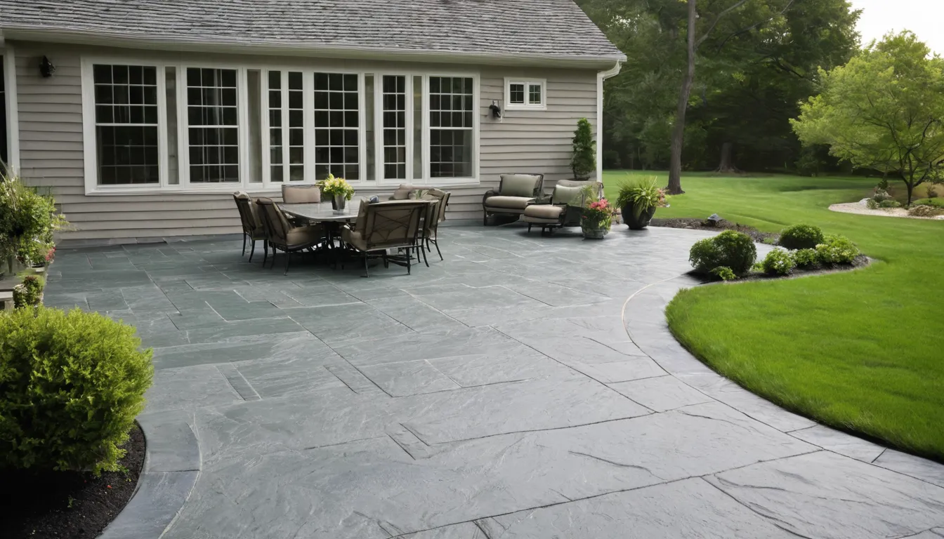 A new stamped concrete patio with a stone pattern behind a home in the Perth Amboy area